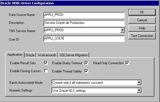 Configuration de la source de données Oracle ODBC