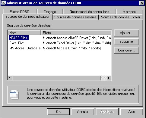 Sources de données ODBC par défaut