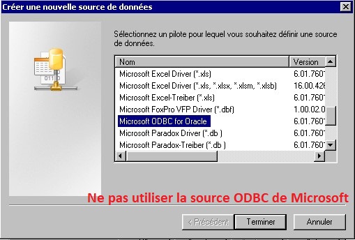 Source de données Oracle ODBC de Microsoft