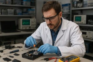 Technicien occupé à récupérer des données sur un disque dur