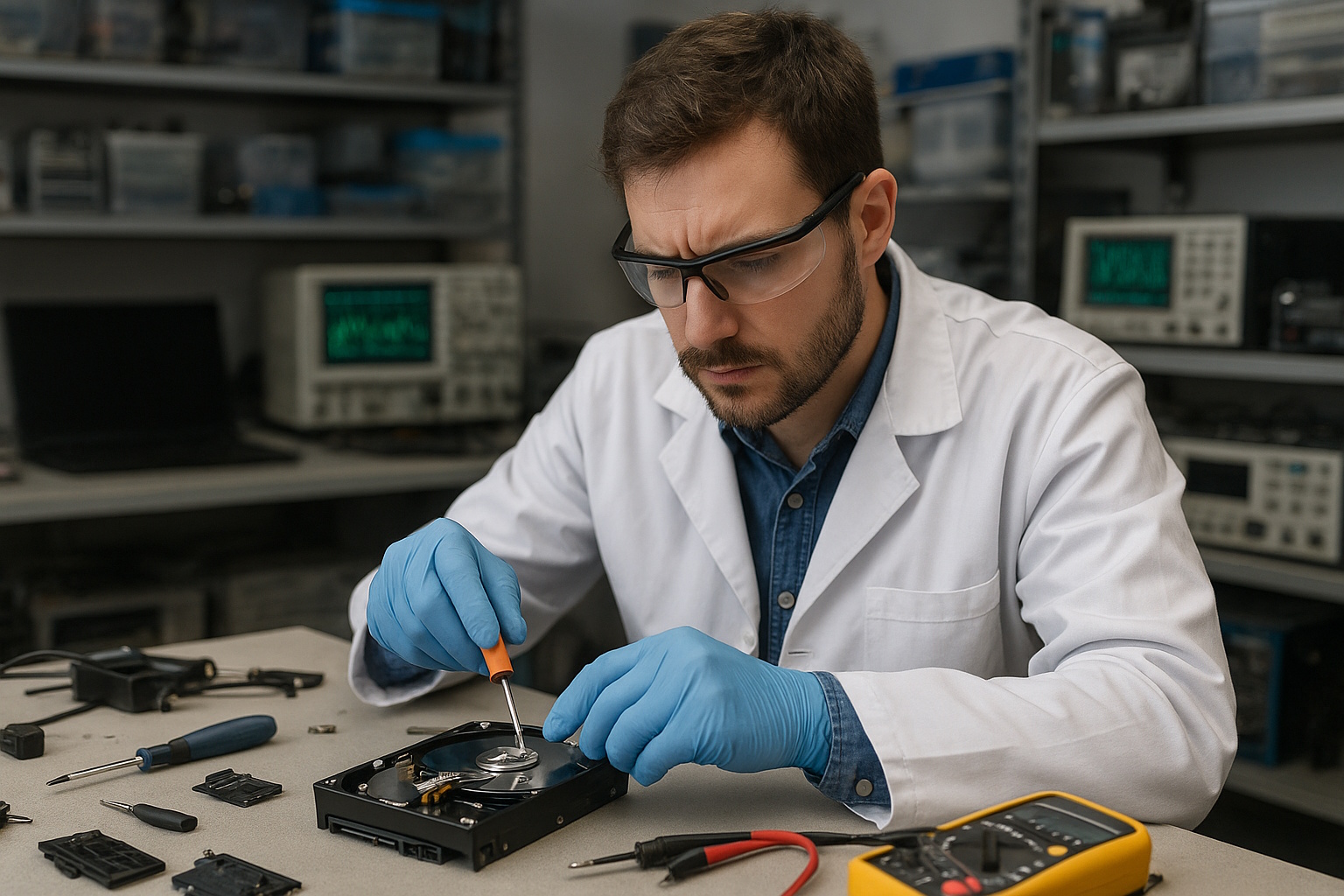Technicien occupé à récupérer des données sur un disque dur