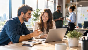 Un homme et une femme discutent devant un ordinateur