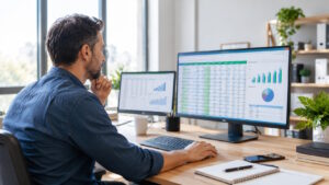 Homme consultant des rapports Power Query à l'écran