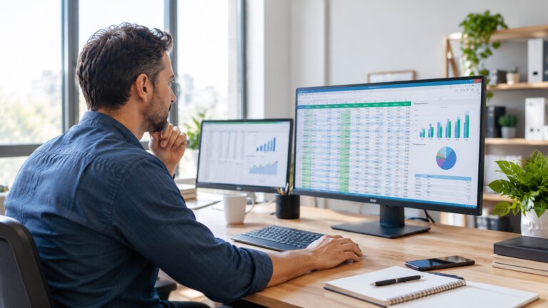 Homme consultant des rapports Power Query à l'écran